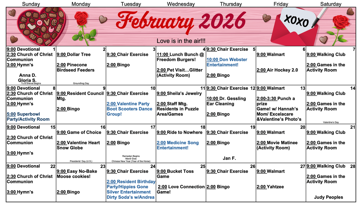 February 2026 Activities Calendar at Eagle Crest Villa