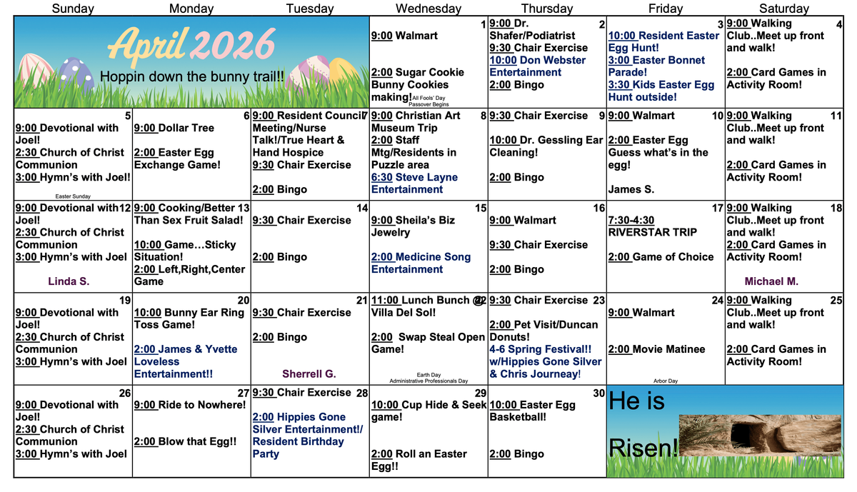 April 2026 Activities Calendar at Eagle Crest Villa