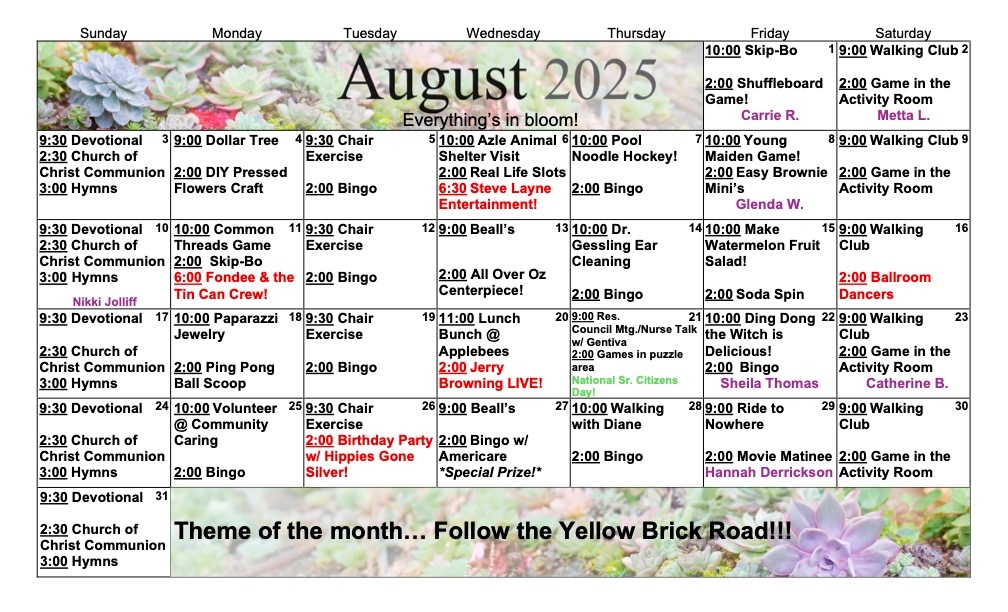August 2025 Activities Calendar at Eagle Crest Villa