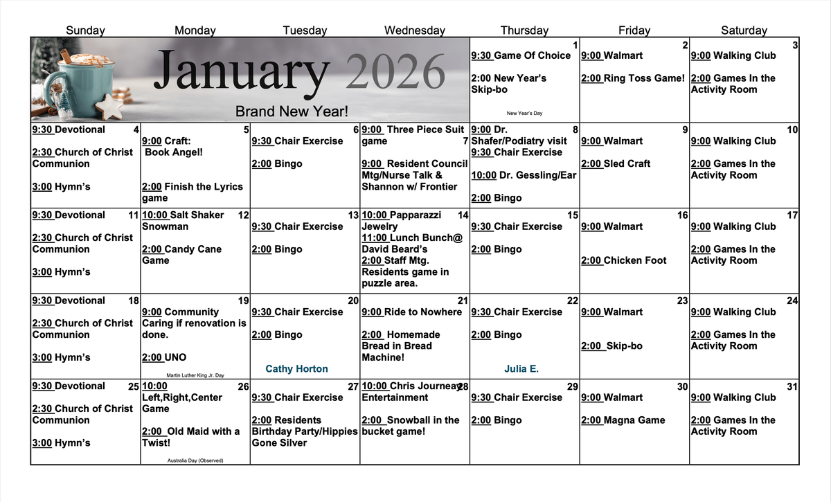 January 2026 Activities Calendar at Eagle Crest Villa