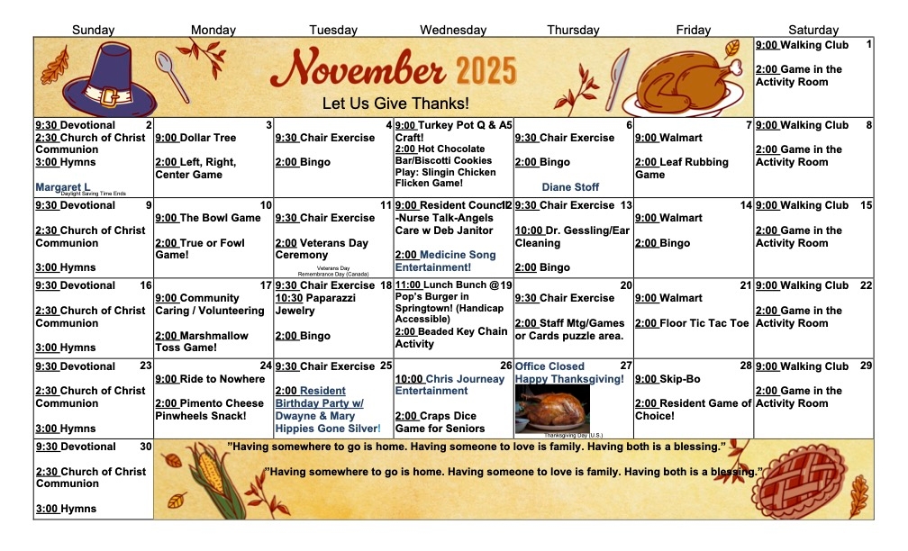 November 2025 Activities Calendar at Eagle Crest Villa