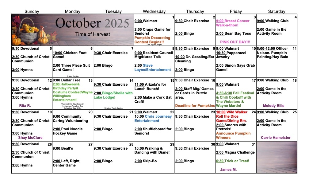 October 2025 Activities Calendar at Eagle Crest Villa