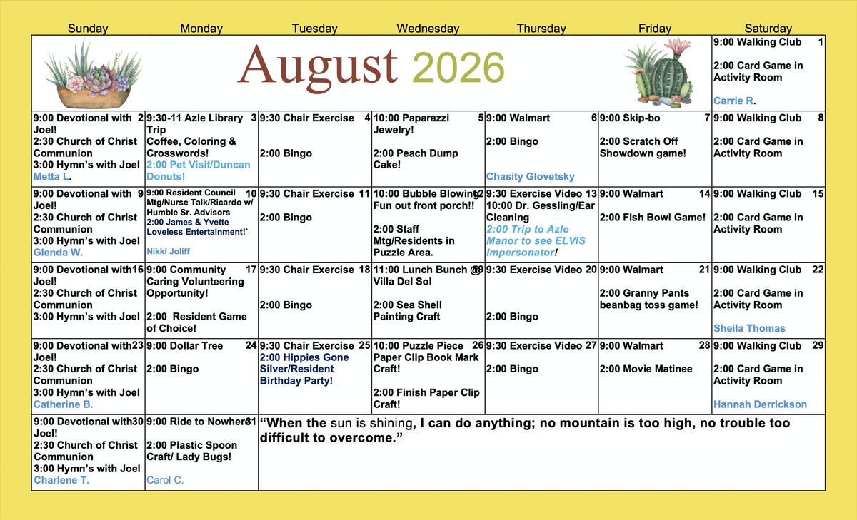 August 2026 Activities Calendar at Eagle Crest Villa