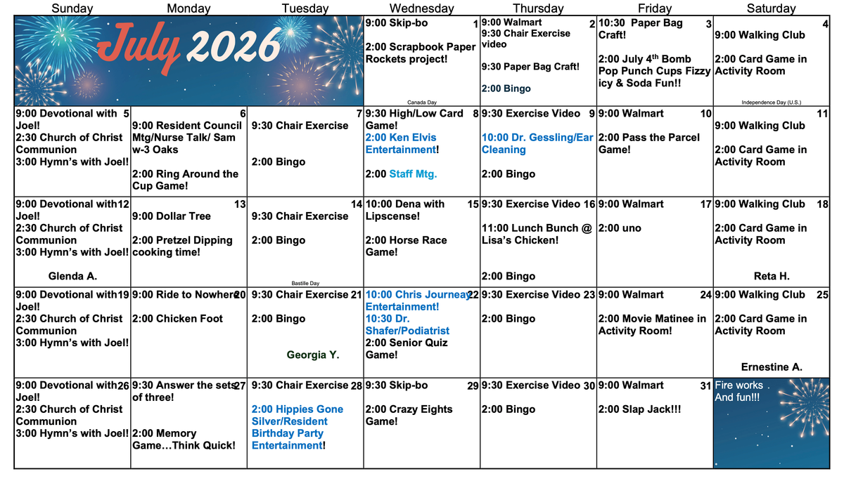 July 2026 Activities Calendar at Eagle Crest Villa