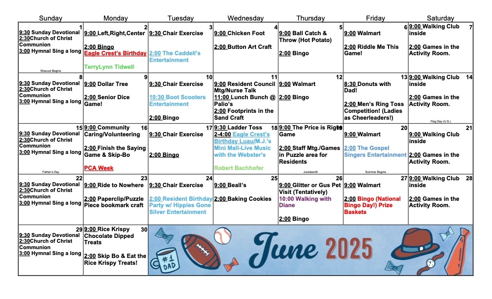 June 2025 Activities Calendar at Eagle Crest Villa