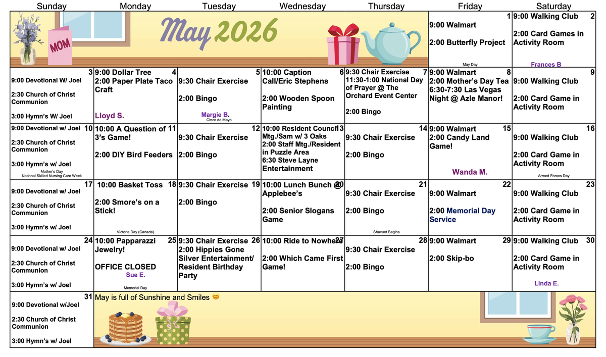 May 2026 Activities Calendar at Eagle Crest Villa