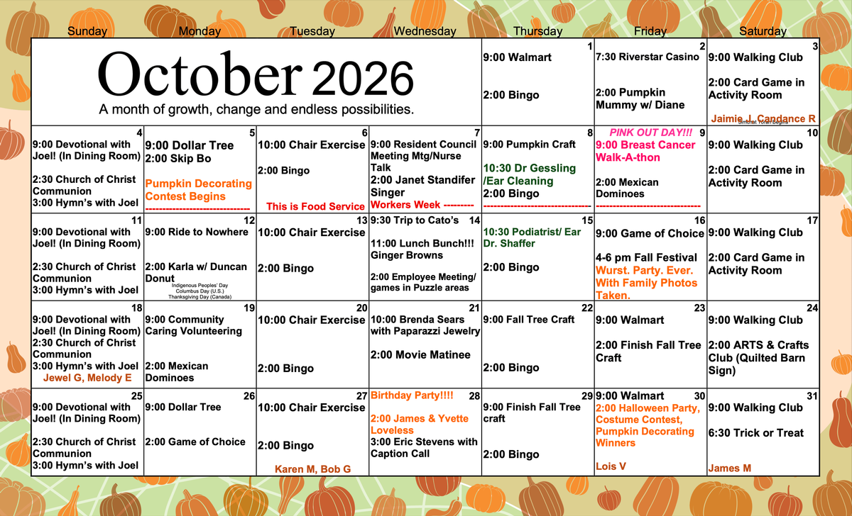 October 2026 Activities Calendar at Eagle Crest Villa